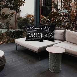 TAJWE Outdoor Pillow Covers Waterproof 20x20 Set of 2 Black and White Decorative Welcome to Our Porch Stay Awhile Cushion Cases for Patio Furniture Sofa Couch Decor