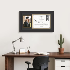Picrit 11x19 Wood Diploma Frame and Pictures Frame for 8.5x11 Certificate/Degree Document & 5x7 Graduation Photos, with Tempered Glass, Black over Gold Mat, Wall Mount Display