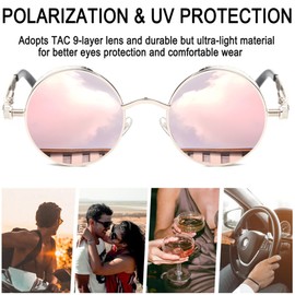 Joopin Retro Round Steampunk Sunglasses for Women Polarized UV Protection Metal Frame Vintage Circle Womens Sunglasses (Mirrored Pink Lens)