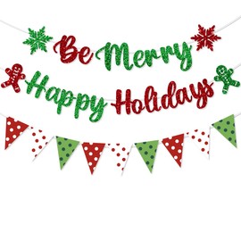 Pre-Strung Be Merry Christmas Decorations Banner Happy Holidays Party Red Green Xmas Garland for Home Office Mantel Door Wall Decor NO DIY