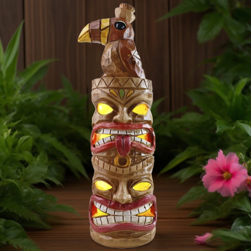 Solar-Powered Toucan Totem Pole Light with Glowing Face Carvings, Tropical-Themed