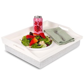 ROSSIE HOME Wood Bed Tray Lap Desk - Set of Two - with Hyacinth Storage Basket - Soft White - Fits up to 15.6 Inch Laptops - Style No. 70101