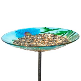 Alpine Corporation KBD128 Glass Stake Bird Bath with Flowers and Bee, Floral Décor for Lawn & Garden, 10’’H, Multicolor