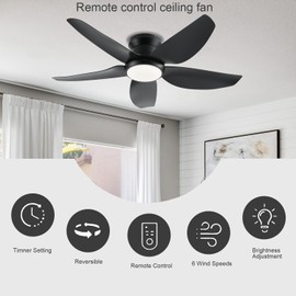 GJeg Ceiling Fans with Lights, 43 Inch Low Profile Ceiling Fan with Light and Remote/App Control, Flush Mount, Reversible DC Motor, 3CCT, Dimmable, Noiseless, Black Ceiling Fan for Indoor/Outdoor Use