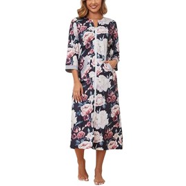 Korelayer Zipper Robes for Women 3/4 Sleeve Housecoats Long Lightweight Bathrobe House Dress with Pockets, Floral Black, Medium