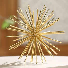 Metal Decorative Starburst Ball, 6 Inch Gold Sphere Decor, Spiky Star Burst Tabletop Sculpture, Mid-Century Modern Metal Spike Ball for Home, Living Room, Office & Shelf Decor
