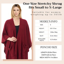 Cutecrop Women's Shawl Wraps with Pockets, Knitted Poncho, Open Front Fringe Sweater with Tassel for Spring Fall Winter (Wine Red)