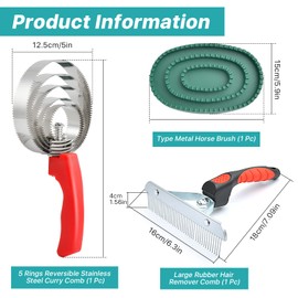 3 Pcs Reversible Stainless Steel Curry Comb 5 Rings, Aemygo Double Sided Horse Grooming Brush, Scotch Type Metal Dog Brush Large Rubber Hair Remover Comb, Soft Touch Grip Scraper for Cow Sheep Dog