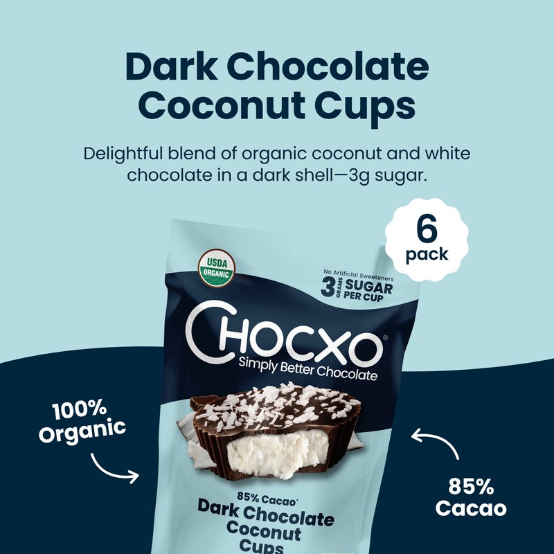 ChocXO Dark Chocolate Coconut Cups, 85% Cacao, 3g Sugar per