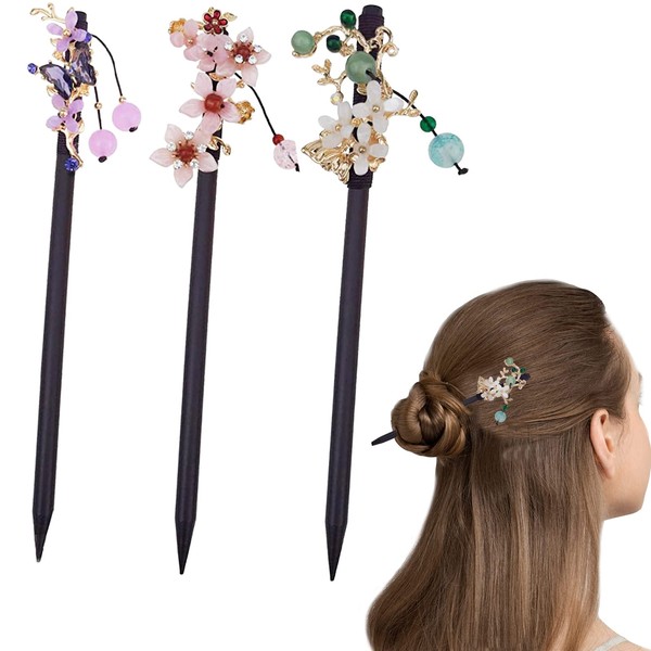3 PACK Chinese Traditional Flower Hair Sticks Vintage Wooden Hair Pin Japanese Style Handmade Headpiece for Women Girls