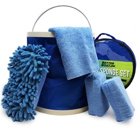 Boat Cleaner Microfiber Sponge Bucket and Microfiber Wash Cloths | Interior Exterior Seats and Fiberglass Hull Cleaning Kit Washing Sponges
