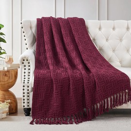 BYTIDE Throw Blanket for Couch 60" x 80" Cable Knit Throw Soft Cozy Lightweight Plush Decorative Bed Chair Sofa Couch Cover Tassel Throw Blankets for Adults and Kids All Season, Burgundy