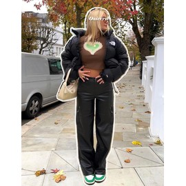 OZICERD Black Faux Leather Pants for Women High Waisted Flare Cargo Pants Y2k Straight Wide Leg Pleather Pants with Pockets L