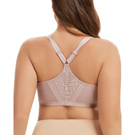 Cortelay Women's Front Closure Racerback Bra Underwire Full Coverage Unpadded Lace Everyday Bra Plus Size for Large Bust Mauve 44D