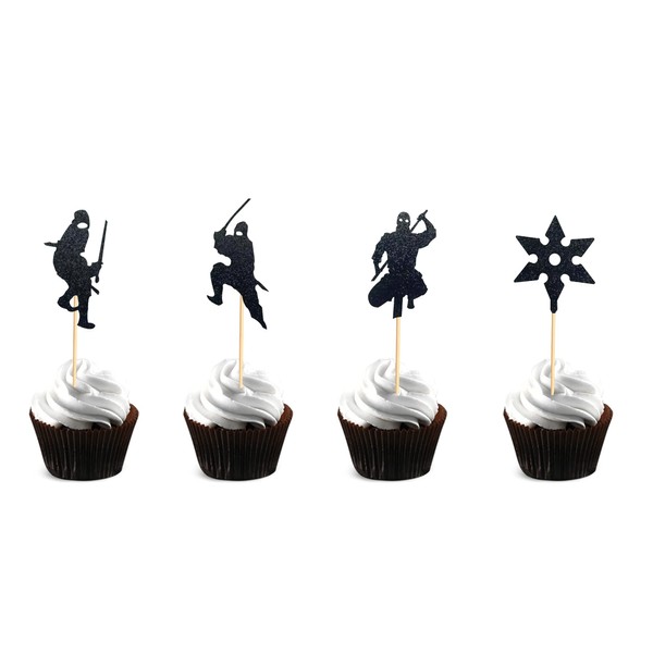 Arthsdite - 48 piezas de decoración para cupcakes ninja premontada, color negro con purpurina para karate, kung fu, guerreros, palillos para cupcakes, baby shower, niños, ninjas temáticas para fiestas de cumpleaños