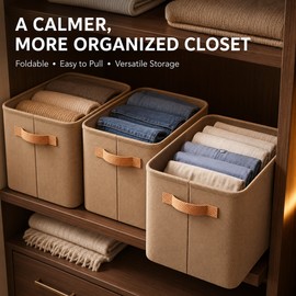 Foldable Fabric Clothes Storage Box with Handle, Gray Wardrobe Organizer Bin for Closet Shelves, Medium