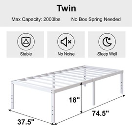 DiaOutro 18 Inch White Twin Bed Frame Heavy Duty No Box Spring Needed Metal Platform with Maximum Storage, Easy Assembly, Noise Free