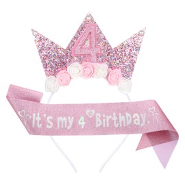 Birthday Crown It's My Birthdays Sash 4/5/7th Birthday Decorations for Girls, 4/5/7 Year Old Pink Birthdays Girl Sash and Tiara Outfit Glitter Flower Princess Crown Headband for Party (Number 4)