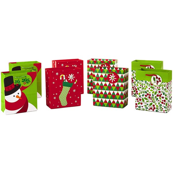 Hallmark 6" Small Christmas Gift Bag Bundle, Festive Holiday (Pack of 8, 4 Designs) Red and Green, Stocking, Snowman