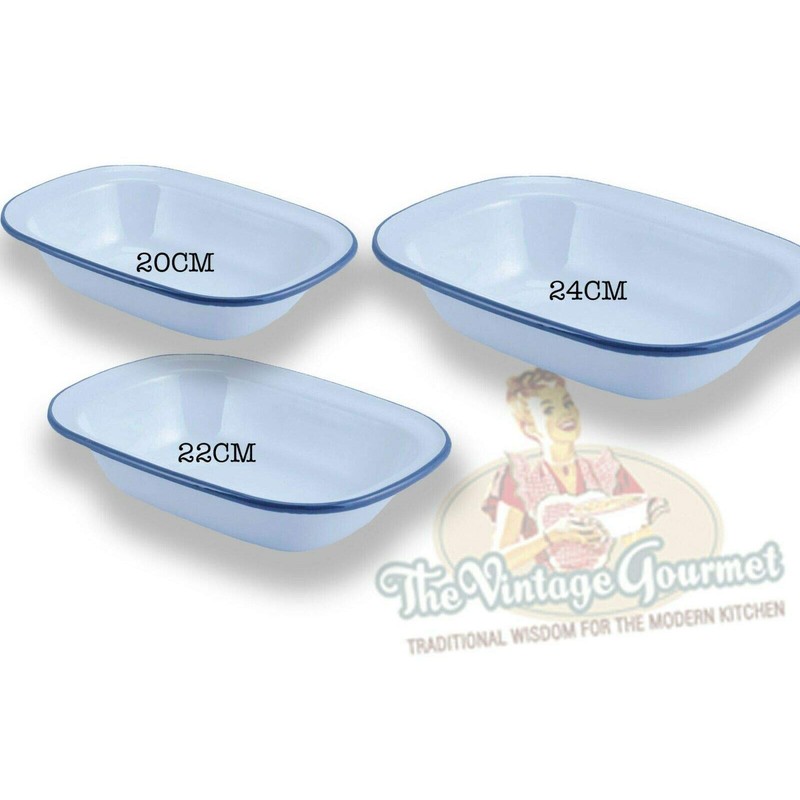 Vintage Gourmet ® Premium White Enamelware with Blue Rim, Oblong,