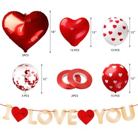 Valentines's Day Love Decorations Set Include 49 Pieces Valentine Heart Shaped Balloons and Heart Foil Red Balloons I LOVE YOU Banner with 2 Pieces Red Ribbons for Valentine Decorations Party Supplies