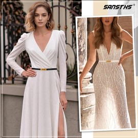 SANSTHS 2 Pack Thin Ladies Waist Belt for Dresses Jeans Pants, Skinny Womens Belt with Antique Gold Buckle, Black+Beige M