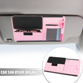 X AUTOHAUX Pink Universal Car Sun Visor Organizer Sunglasses Case Storage Pocket Hook and Loop Tape ABS PU Leather for SUV RV Truck