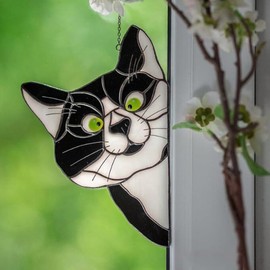 Opexicos 2Pcs Unique Handcrafted Peeking Black Cat Stained Glass Suncatcher Home Decor for Cat Lovers
