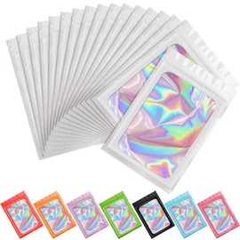 100 pcs Smell Proof Mylar Holographic Bags Packaging Bags, Resealable Odor Proof Bags Foil Pouch Ziplock Bags for Food Storage (White, 4.7 x 7.9 Inch)