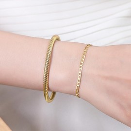 AWARDSEN Ladies Bracelets 2 Pcs Gold Bracelet for Women Cuff Bangles Set Stainless Steel Chain 18+5 CM for Women Men Unisex Gift