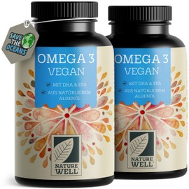 Omega-3 Vegan 180 Capsules High Dose, 2000 mg Omega-3 Algae Oil per Day with 600 mg DHA & 300 mg EPA, Vegan Omega-3 from Sustainable Cultivation as a Fish Oil Alternative, Laboratory Tested with