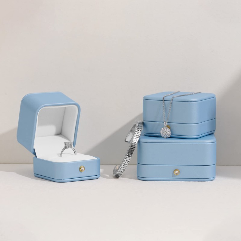 Woodten Elegant Sky Blue Ring Box Leather Engagement Ring Box