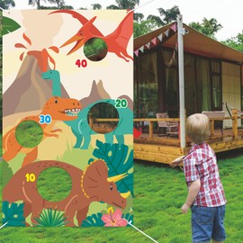 Tyrannosaurus Rex T-REX Tanystropheus Triceratops Pterodactylus Dinosaur Toss Games Banner Backdrop Volcano Tropical Dino Theme Decor Decorations for Safari Wild One Birthday Party Supplies Favors