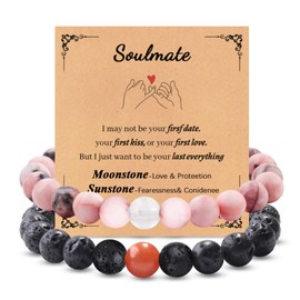 FSSODWT 2PCS Couples Bracelets Set,Matching Bracelets for Couples,Elastic Couples Bracelet,Lover Bracelet Jewelry for Boyfriend Husband Fiance Girlfriend Wife Gift (Black & Pink)