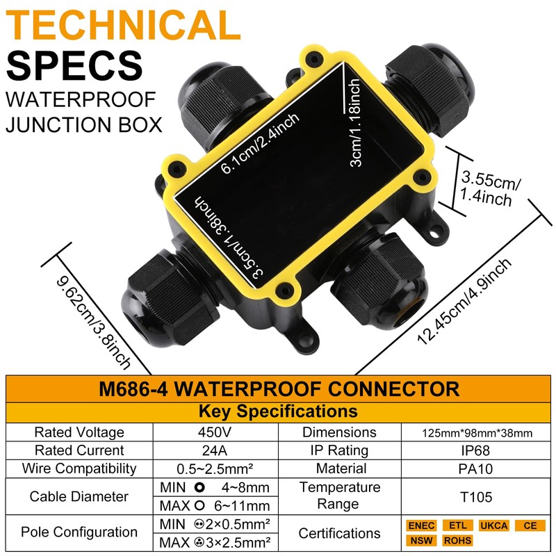 Tynoscco IP68 Waterproof Junction Box Outdoor,4-Way Electrical Junction Box Outdoor