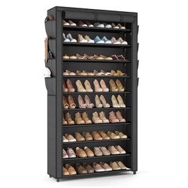 VTRIN Tall Shoe Rack with Cover, 10 Tier Shoe Organizer Storage for 50-55 Pairs Shoes and Boots Large Capacity Shoe Shelf with 8 Pockets Free Standing Shoe Rack for Closet, Entryway, Garage