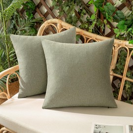 Woaboy Set of 2 Light Olive Green Outdoor Waterproof Throw Pillow Covers Decorative Farmhouse Linen Pillowcases Solid Cushion Cases for Spring Patio Bedroom Livingroom Couch Sofa Chairs 16x16 Inch