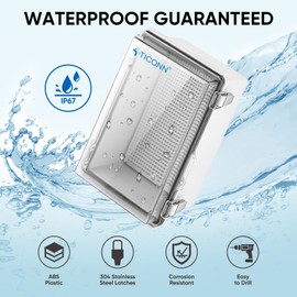 TICONN Waterproof Electrical Junction Box IP67 ABS Plastic Enclosure with Hinged Cover with Mounting Plate, Wall Brackets, Cable Glands (Clear, 10.2"x6.3"x3.9")