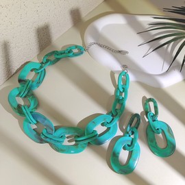 BOCAR Acrylic Chunky Statement Necklace for Women Cube Link Chain Collar Necklace and Hoop Earrings Costome Jewelry Set (NK-10667-Aqua Sky)