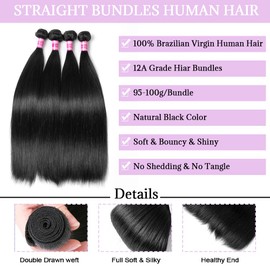 Beautymoon 12A Peruvian Hair Bundles 20 22 24 26 Inch 4 Bundles Human Hair Straight 100% Unprocessed Long Remy Human Hair Bundles Straight Weave Bundles Natural Black Color