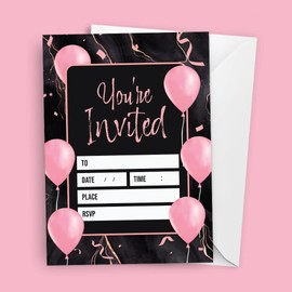 Kirsten McMillan 32 Black Pink Balloons Party Invites - Party Invitations Adult - A6 Birthday Party Invitations with Envelopes – Designed and Printed in the UK