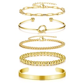 Jovivi Gold Bracelet for Women,5 Pcs 14k Gold Stacking Beaded Bangle Cuff Bracelets for Womens Jewellery Set Gifts for Women Ladies Mum Mother's Day Birthday Valentines Wedding
