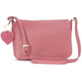 Gigi - Women's Small Leather Crossbody Bag - Flap Over Organiser Handbag - Multiple Pockets - With Heart Keyring Charm - Othello 14578 - Pink