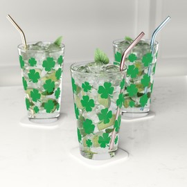 Moonlight4225 St Patricks Day Pint Glass, Irish Themed Pint Glasses, 16oz Printed Full Wrap Pint Glass (6-Pack Four Leaf Clovers)