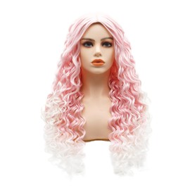 LUSHY BEAUTY Hair Synthetic Wig Curly Long 26inch Pink Root White Ombre Heavy Density Realistic Wig