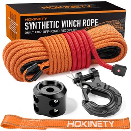 HOKINETY Synthetic Winch Rope Kit - 1/4" x 50' 10000 lbs Synthetic Winch Cable for ATV UTV Off-Road Vehicles with Forged Hook, Rubber Stopper, Protective Sleeve and Safety Pull Strap - Orange