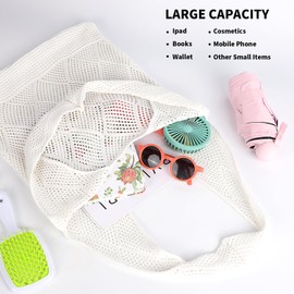 Risipu Mesh Beach Bag Crochet Tote Bag for Women Knit Vacation Boho Tote Bag Summer Hobo Bag (White)