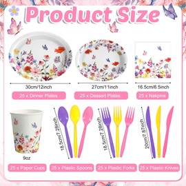 Singhoow 175 Pieces Flower Party Supplies Floral Party Tableware Set for 25 Guests Include Oval Dinner Plates Dessert Plates Napkins Paper Cups Plastic Forks Spoons Knives