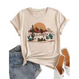 Desert Cactus Graphic T Shirts for Women Summer Trip Travel Nature Sunrise Vintage Graphic Tees Khaki M