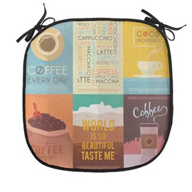 Lunarable Coffee Chair Cushion Pads Set of 8, Group of Coffee Themed Arts with Typography Vintage Ornament Print, Anti-Slip Seat Padding for Kitchen & Patio, 16"x16", Yellow Teal Brown